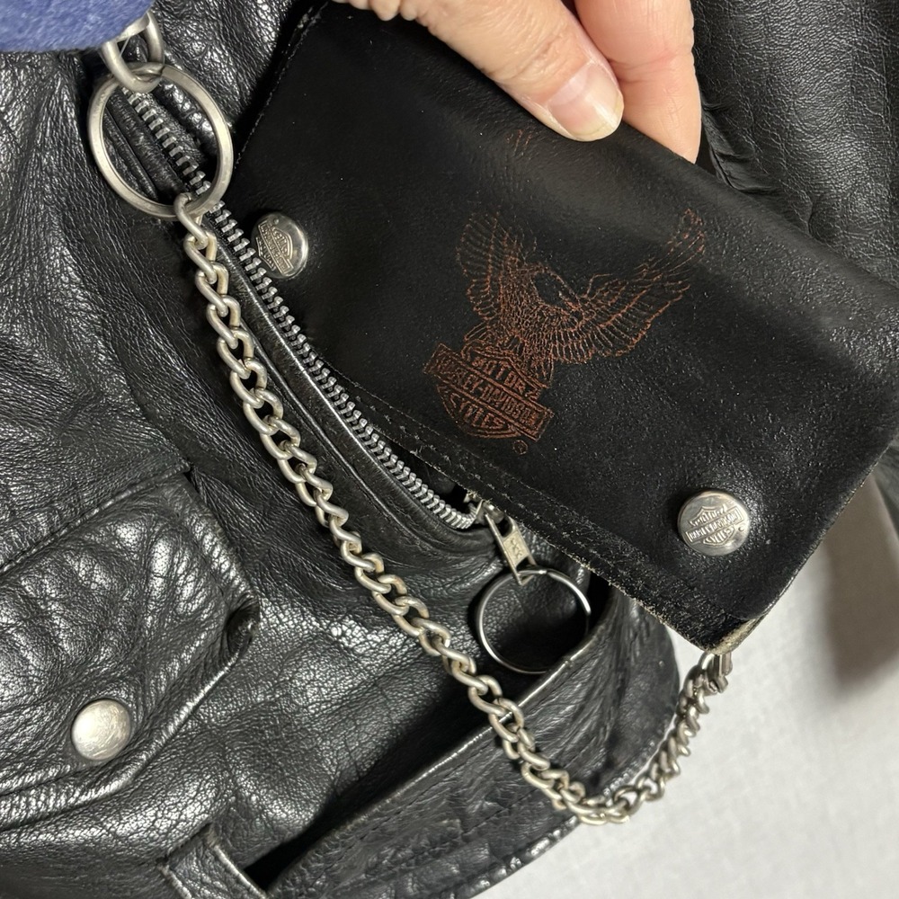 Vtg 90's Black Leather Moto Jacket  Heavy Weathered + Harley Trucker Wallet Sz L - Picture 6 of 16